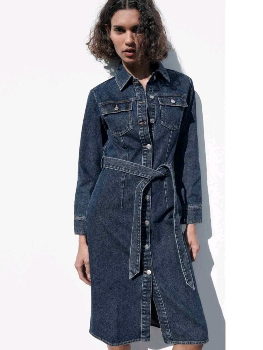 ZARA Denim Shirt Dress with Tie Belt - Dark Blue - Picture 2 of 7
